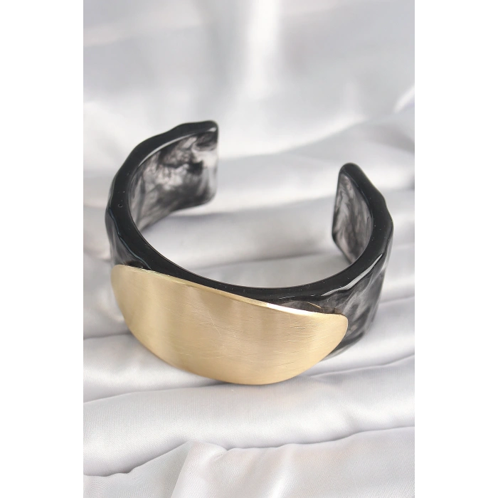 Siyah Mermer Desen Akrilik Plastik Gold Oval Plaka Model Vintage Kadın Bilezik 5886