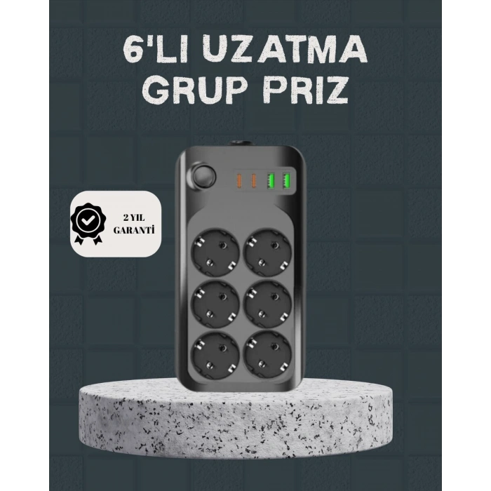 Termal Akım Korumalı 6’lı Uzatma Priz USB Type-C Hızlı Şarj 2500W