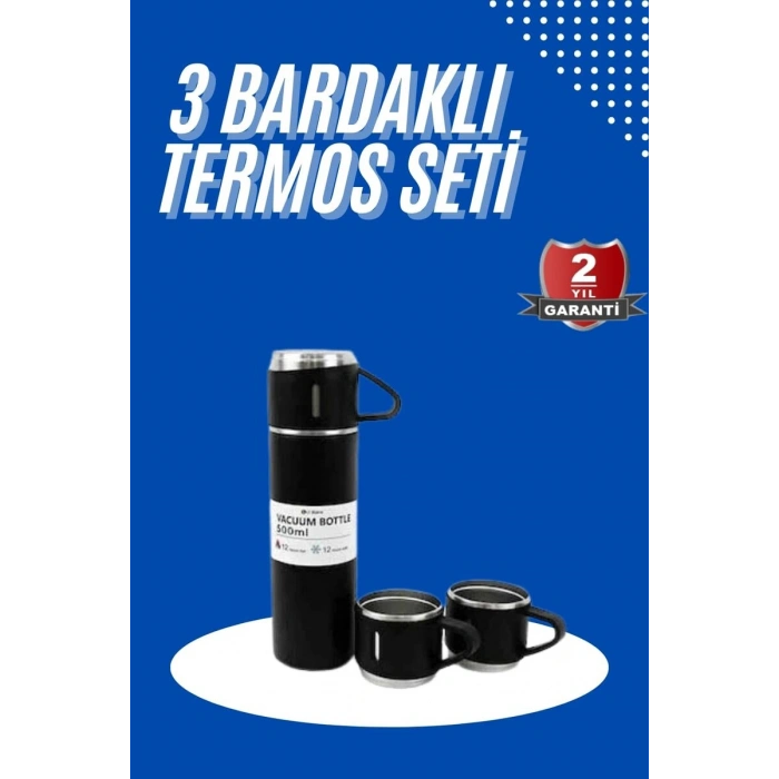 Termos Seti 3lü Bardak Seti Isı Dayanıklı Siyah Paslanmaz Çelik Vakumlu