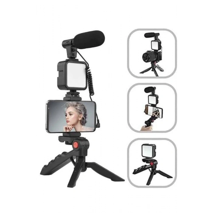 Tripod Telefon Tutucu Kumandalı Mikrofon Led Işık Vlog Video Kayıt