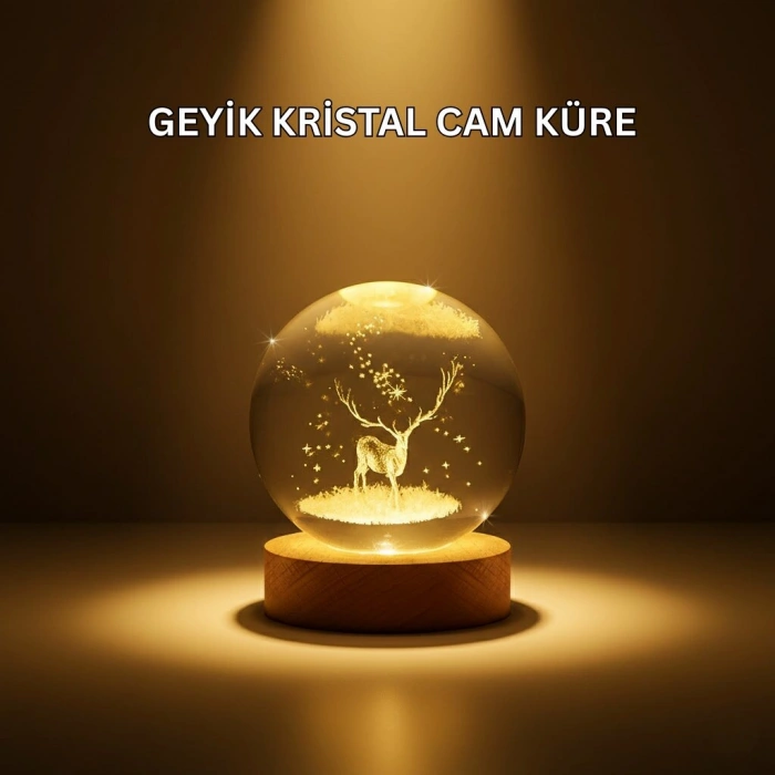 USB Bağlantılı Geyik Temalı Kristal Küre Premium Masa Gece Lambası