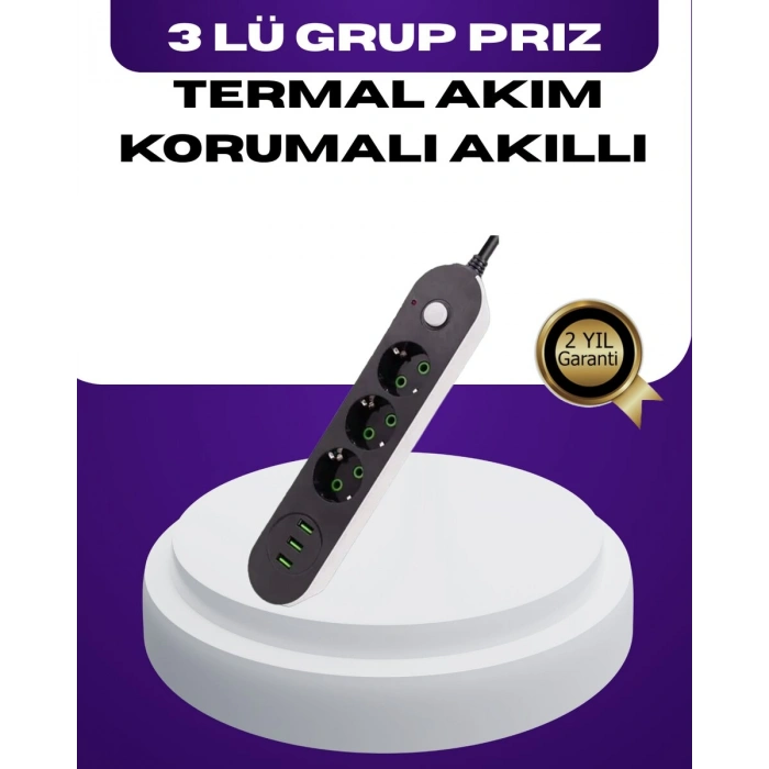 USB Yuvalı Anahtarlı Üçlü Priz 2 Metre Kablolu