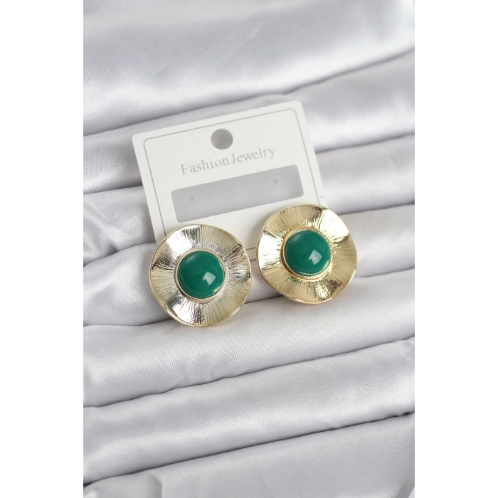 Vintage Model Yeşil Gold Renk Pirinç Kadın Küpe 5886