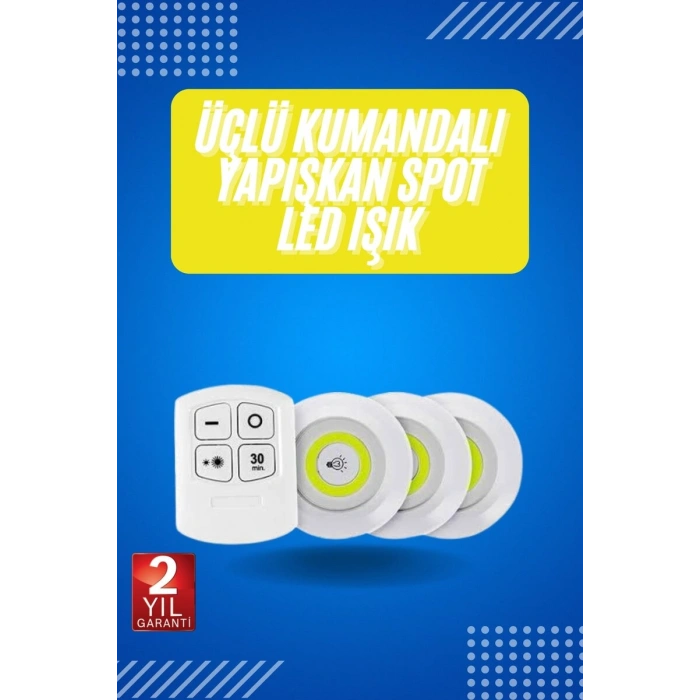Yapışkanlı 3lü Spot Led Işık Lamba Montajsız Pilli Uzaktan Kumandalı