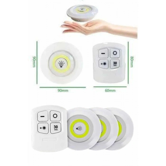 Yapışkanlı 3lü Spot Led Işık Lamba Montajsız Pilli Uzaktan Kumandalı