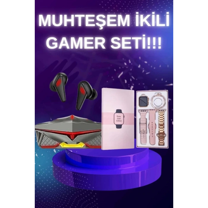 Yeni Nesil Pembe Dokunmatik Ekran Akıllı Saat ve Oyuncu Kulaklığı Kablosuz Bluetooth Kulaklık
