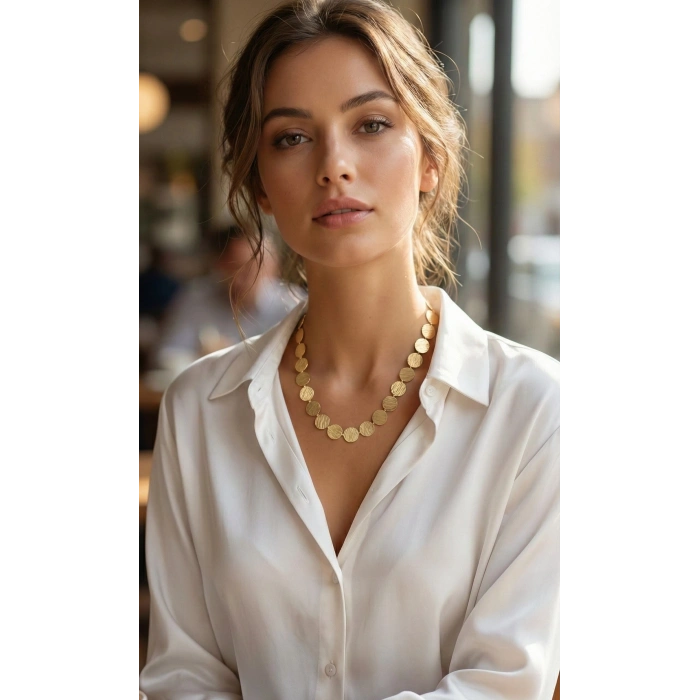 Yuvarlak Plaka Model Gold Renk Kadın Kolye 5886