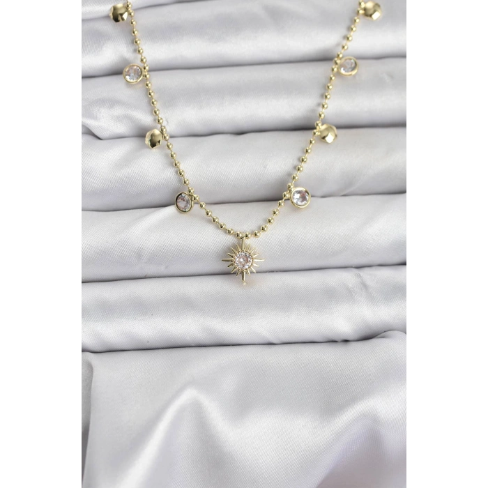 Zirkon Taşlı Kutup Yıldızı Model Pirinç Gold Renk Kadın Kolye 5886