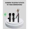 Kablosuz Çift Yaka Mikrofonu ve Tripodlu Selfie Çubuğu İçerik Üretici Seti