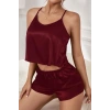 Kadın Bordo Asimetrik Sırt Dekolte Detaylı Şık Şortlu Gecelik Takım H110530