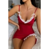 Kadın Kırmızı Bacak Yırtmaçlı Beyaz Dantelli ve Fiyonklu Şık Gecelik H110493