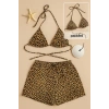 Kadın Leopar Desenli Şortlu Belden ve Boyundan Bağlamalı Bikini Takımı