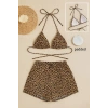 Kadın Leopar Desenli Şortlu Belden ve Boyundan Bağlamalı Bikini Takımı