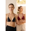 Kadın Leopar Desenli ve Bordo Minimal Kesim Üçgen Bikini Üstü – Modern ve Şık Tasarım