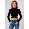 Kadın Siyah Çapraz Bel Detaylı Dik Yaka Uzun Kol Crop Top Bluz – Şık, Rahat ve Kolay Kombinlenebilir