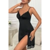 Kadın Siyah Dantelli Fiyonklu ve Yırtmaçlı Şık Gecelik H110475