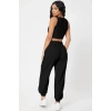 Kadın Siyah Kaşkorse Cepli Jogger Eşofman Altı ve Crop Top Bluz
