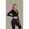 Kadın Siyah Uzun Kol Fermuarlı Parmak Geçme Detaylı Dik Yaka Crop Top Bluz