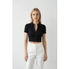 Kadın Siyah Yarım Fermuarlı ve Kısa Kollu Crop Top Bluz