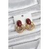 Pirinç Gold Renk Bordo Taşlı Vintage Kadın Küpe 5886