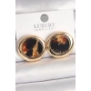 Pirinç Gold Renk Leopar Desen Daire Model Kadın Küpe 5886