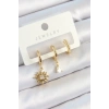 Pirinç Zirkon Taşlı Güneş Model Gold Renk 3lü Çift Kadın Küpe Set 5886