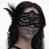 Siyah Dantel Tüllü Peçeli Parti Maskesi - Tüylü İnci Detaylı