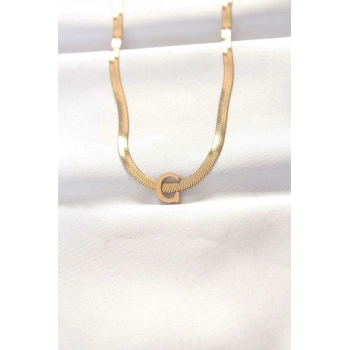 316L Çelik C Harfli Gold Renk İtalyan Zincirli Kolye 5886