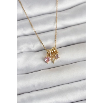 316L Çelik Gold Pembe Zirkon Taşlı Charmlı Kadın Kolye 5886