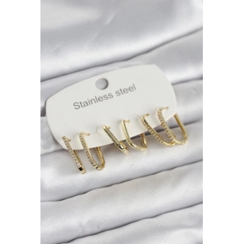 316L Çelik Gold Renk 6lı Set Geometrik Model Kadın Küpe 5886