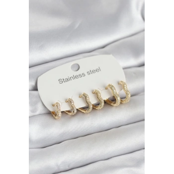 316L Çelik Gold Renk 6lı Set Kalp Form Kadın Küpe 5886