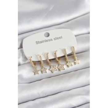316L Çelik Gold Renk 6lı Set Yıldız Model Kadın Küpe 5886