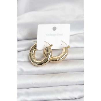 316L Çelik Gold Renk Bambu Model Halka Kadın Küpe 5886