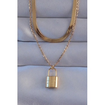 316L Çelik Gold Renk Çift Zincir Kilit Model Kolye 5886