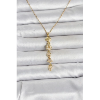 316L Çelik Gold Renk Deniz Temalı Y Model Zirkon Taşlı Kadın Kolye 5886