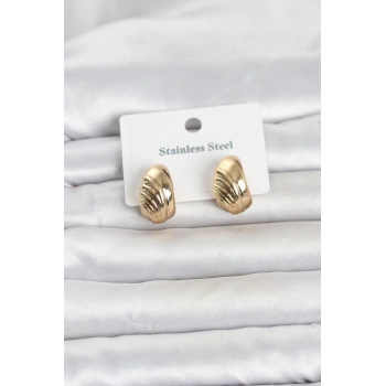 316L Çelik Gold Renk Desenli Yarım Halka Model Kadın Küpe 5886
