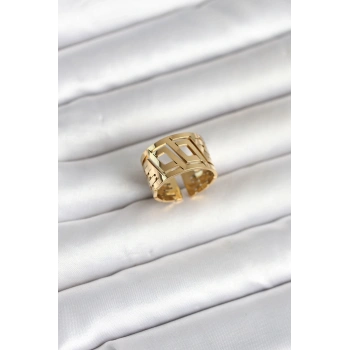 316L Çelik Gold Renk Geometrik Model Kadın Yüzük 5886