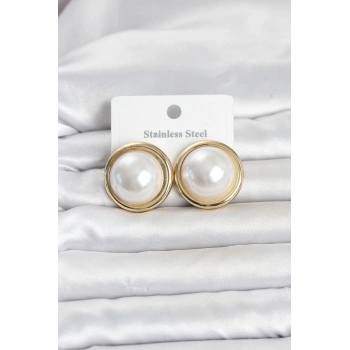316L Çelik Gold Renk İnci Model Vintage Kadın Küpe 5886