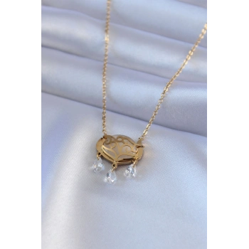 316L Çelik Gold Renk Lotus Model Zirkon Taşlı Kadın Kolye 5886