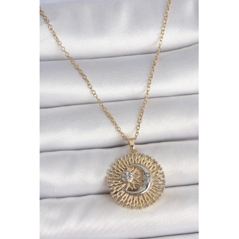 316L Çelik Gold Renk Mix Renk Ay Güneş Model Kadın Kolye 5886