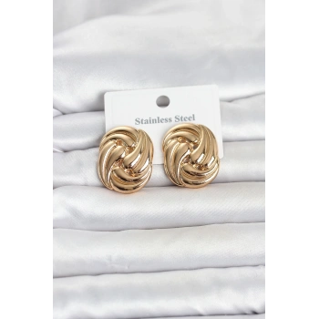 316L Çelik Gold Renk Motif Desen Model Kadın Küpe 5886