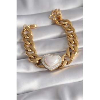 316L Çelik Gold Renk Pembe 3D Kalp Model Zirkon Taşlı Kadın Bileklik 5886