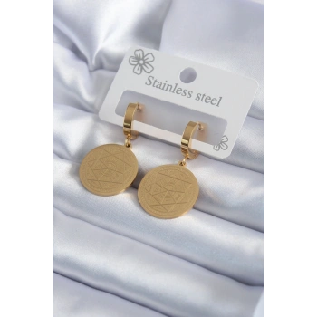 316L Çelik Gold Renk Pentagram Yıldızı İşleme Model Kadın Küpe 5886