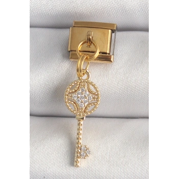 316L Çelik Gold Renk Sallantı Zirkon Taşlı Anahtar Model Nomination Charm 5886