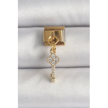 316L Çelik Gold Renk Sallantı Zirkon Taşlı Anahtar Model Nomination Charm 5886