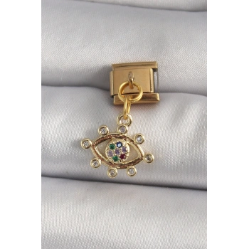 316L Çelik Gold Renk Sallantı Zirkon Taşlı Göz Model Nomination Charm 5886