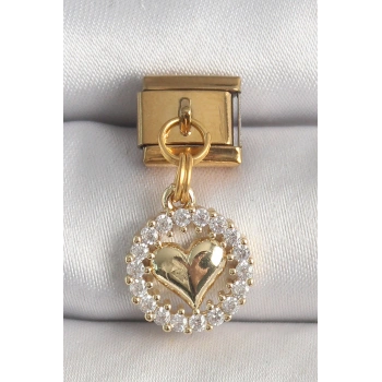 316L Çelik Gold Renk Sallantı Zirkon Taşlı Kalp Model Nomination Charm 5886