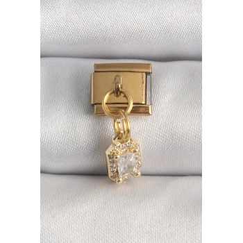 316L Çelik Gold Renk Sallantı Zirkon Taşlı Kare Model Nomination Charm 5886
