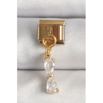 316L Çelik Gold Renk Sallantı Zirkon Taşlı Kurdele Model Nomination Charm 5886