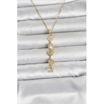 316L Çelik Gold Renk Şans Kolyesi Y Model Zirkon Taşlı Kadın Kolye 5886